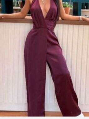Zara Plum Plunge Halter Wide-Leg Jumpsuit
